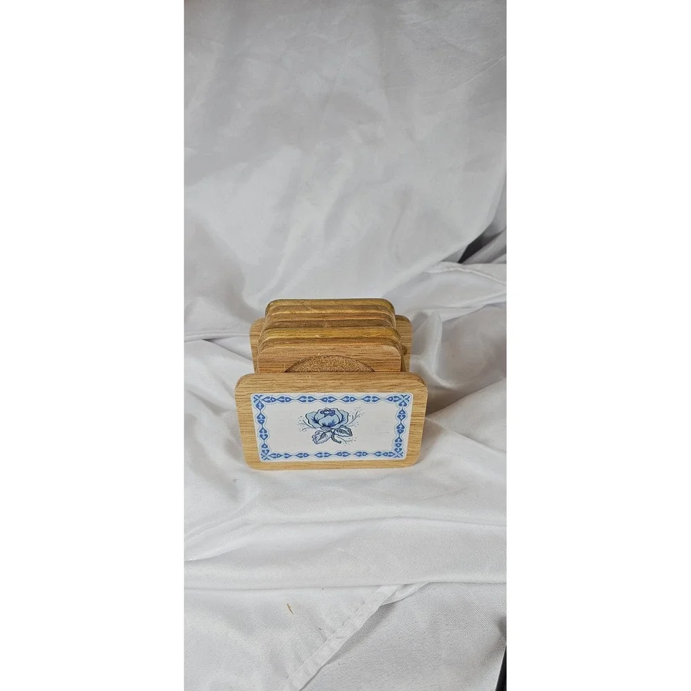 Vintage Ceramic Square wood Vintage Blue Flower Coasters - Set of 6 With Box